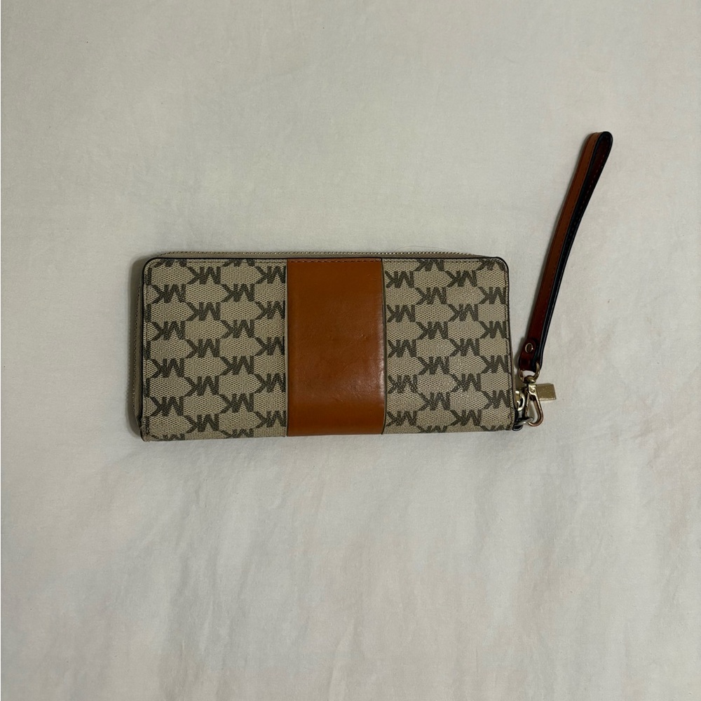 Michael Kors Brown and Tan with Leather Accent Monogram Wristlet Wallet - Picture 2 of 6
